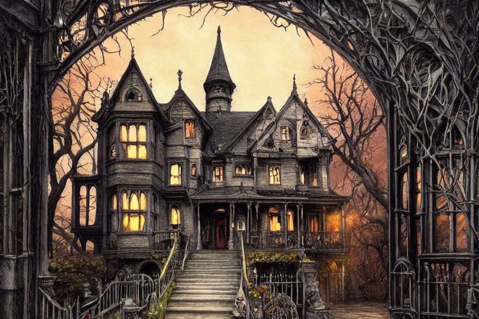 Gothic-style mansion at twilight with bare trees and lit windows