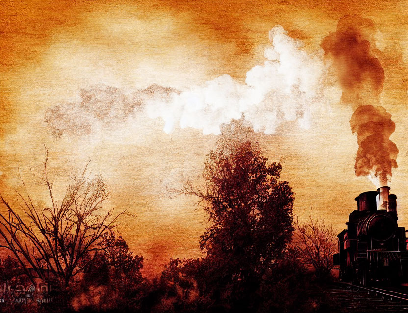 Vintage-style image of steam train on tracks with smoke, silhouetted trees, orange sunset background
