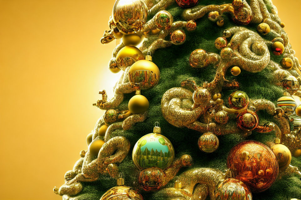 Festive Christmas tree adorned with gold ornaments and garlands