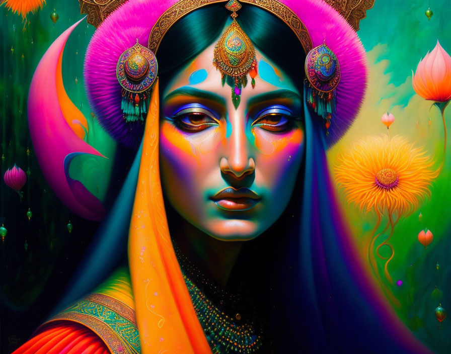 Colorful digital artwork: Woman with South Asian adornments, lotuses, crescent moon