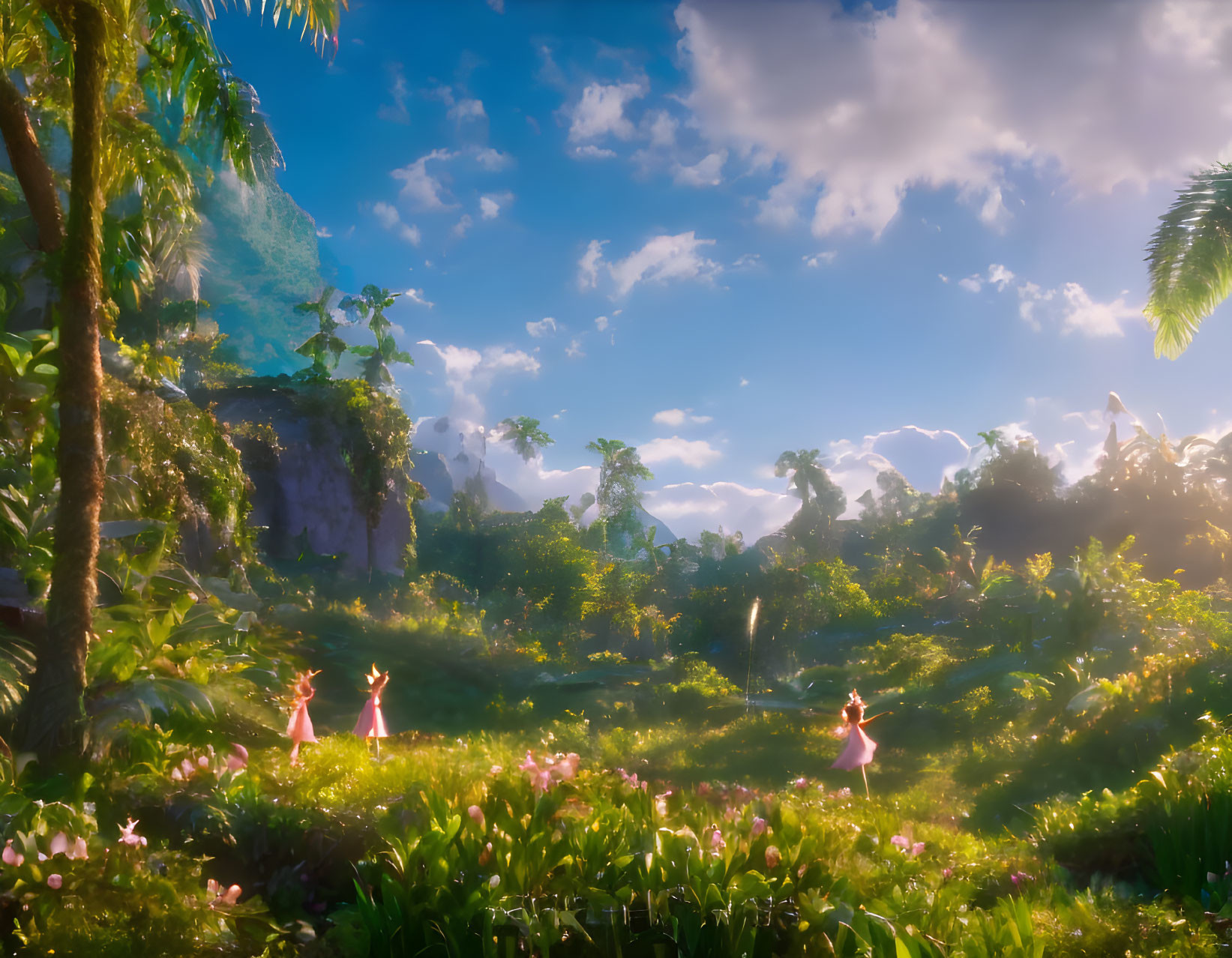 Enchanting forest sunrise with fairies, greenery, flowers, cliffs