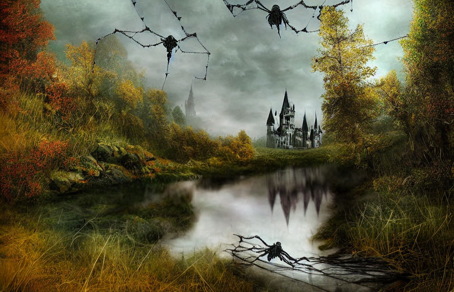 Spooky Autumn Landscape with Gothic Castle and Spiders