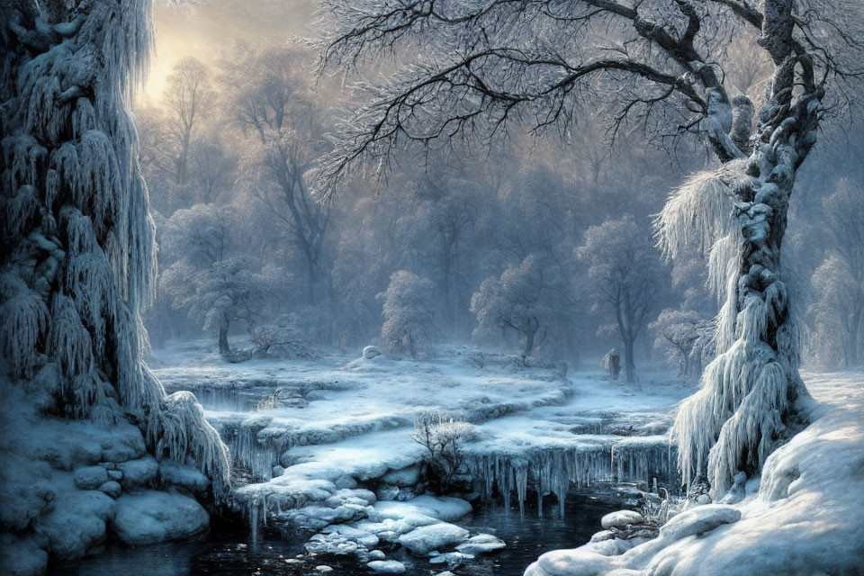 Snow-covered trees, icy water, and dangling icicles in serene winter landscape