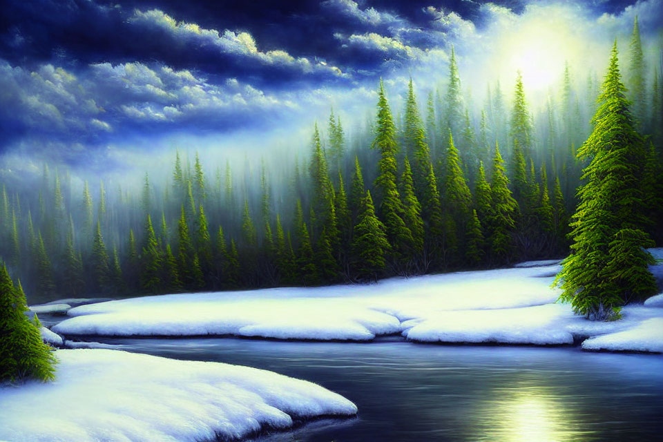 Snow-covered river landscape with pine trees under dramatic sky