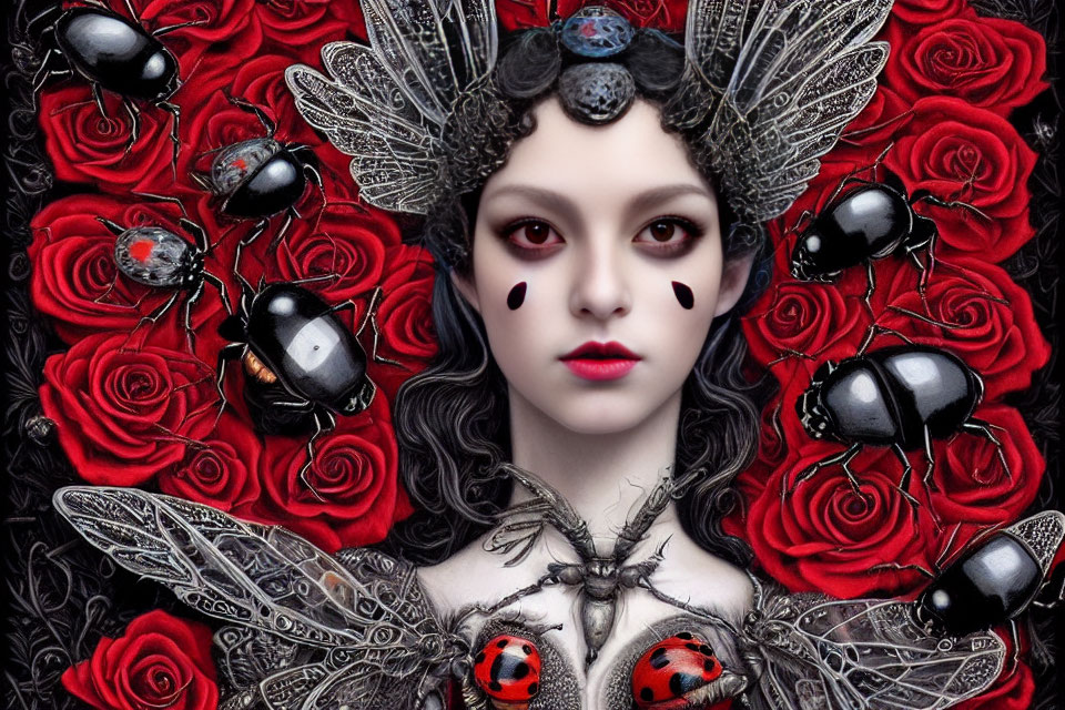 Stylized portrait of woman with pale skin and red eyes, surrounded by red roses and insects