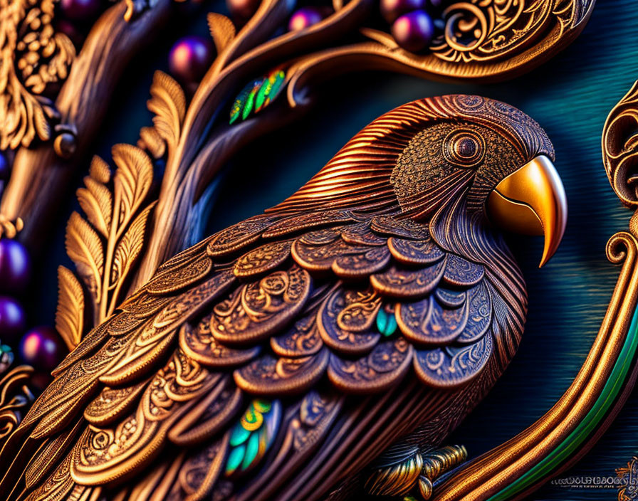 Detailed Metallic Bird Sculpture with Jewel Tones & Floral Patterns