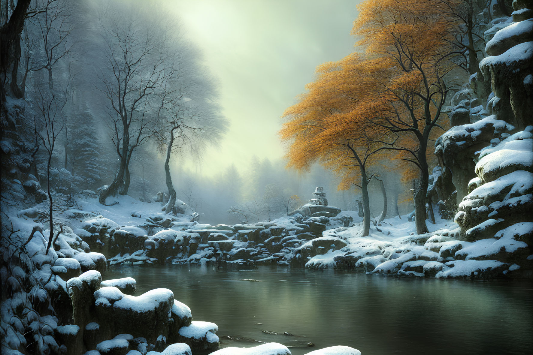 Tranquil winter scene with river, snow, autumn leaves, and soft light