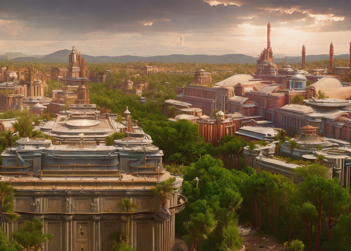 Majestic fictional cityscape with ornate buildings, domes, and spires in lush green