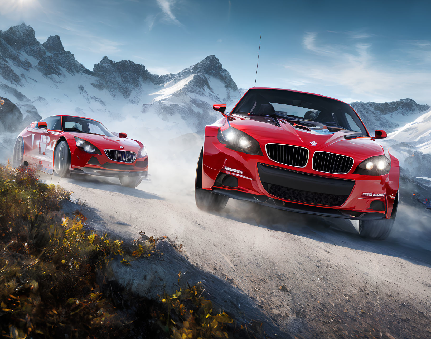 Red sports cars racing on mountain road with snow-covered peaks in background
