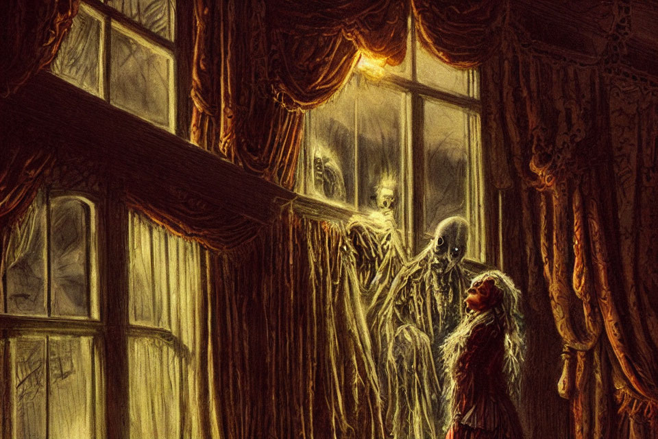 Gothic skeletal figure at dimly lit window with mysterious ambiance