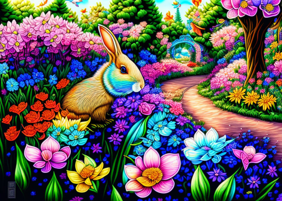 Colorful garden scene with brown rabbit and flowers