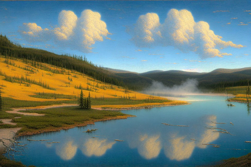 Tranquil landscape: serene lake, yellow fields, dense forests