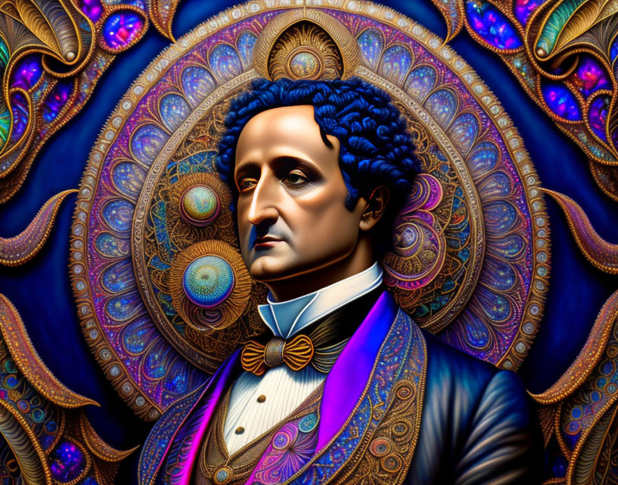 Man in classical attire with peacock feather motifs in vibrant digital portrait