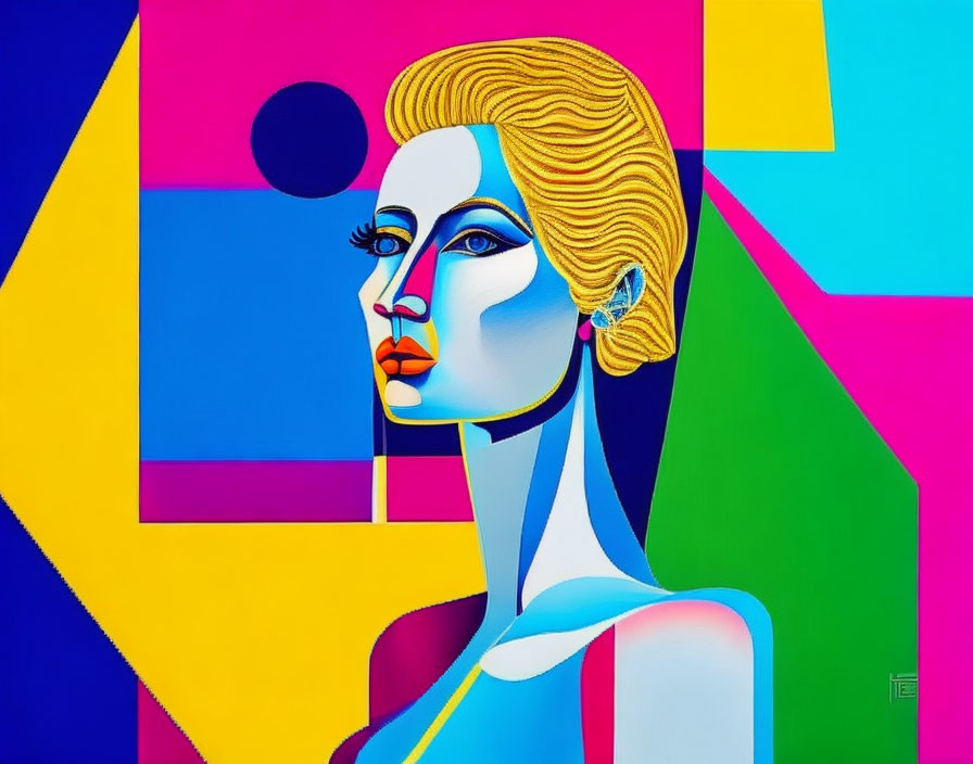 Colorful Pop Art Portrait of Stylized Woman with Geometric Shapes