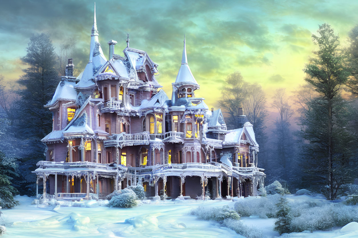 Victorian mansion in snow at dusk with forest backdrop and colorful sky