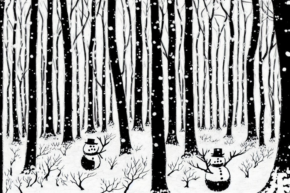 Snowy forest monochrome illustration with snowmen and falling snowflakes