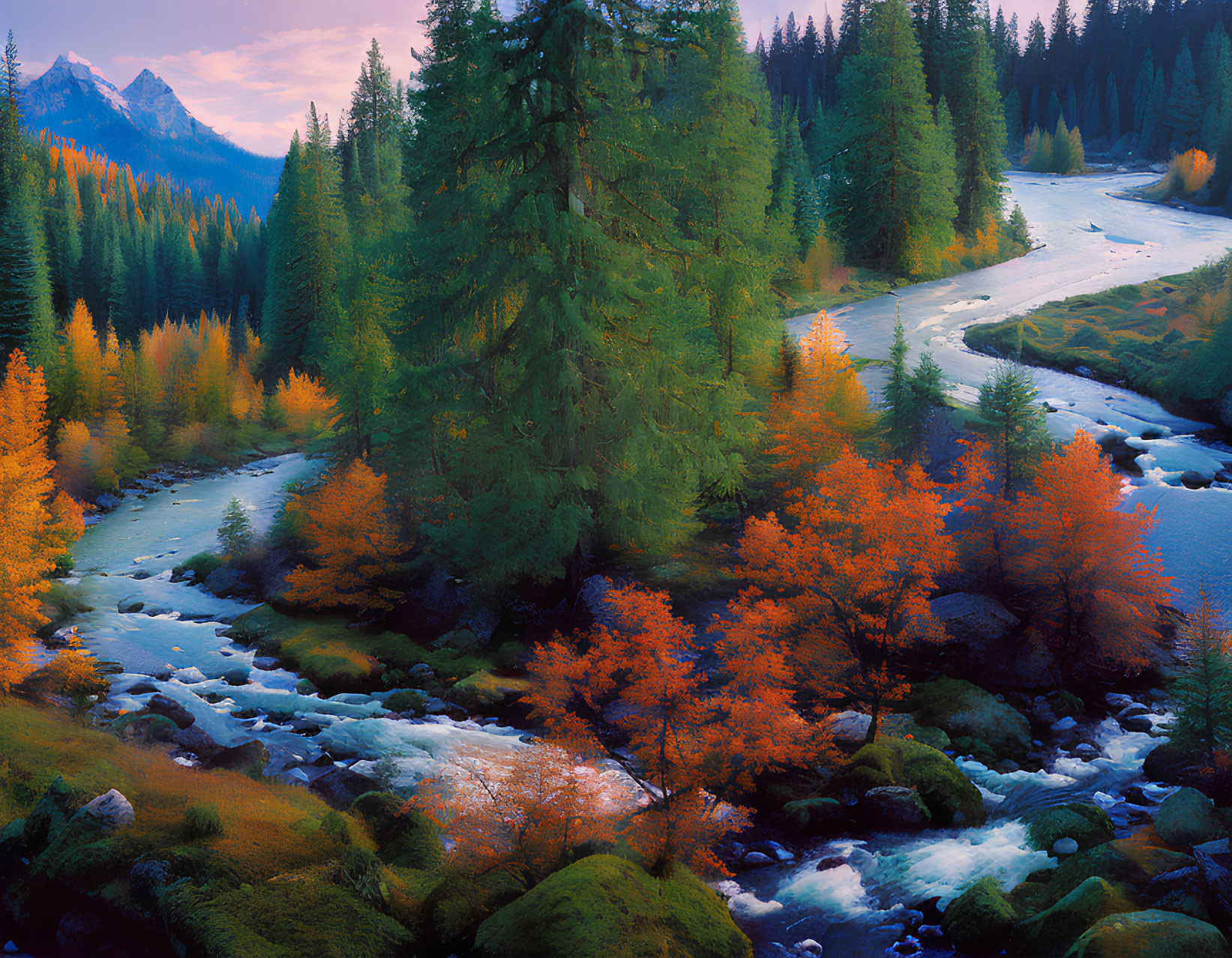 Scenic autumn river with misty mountains