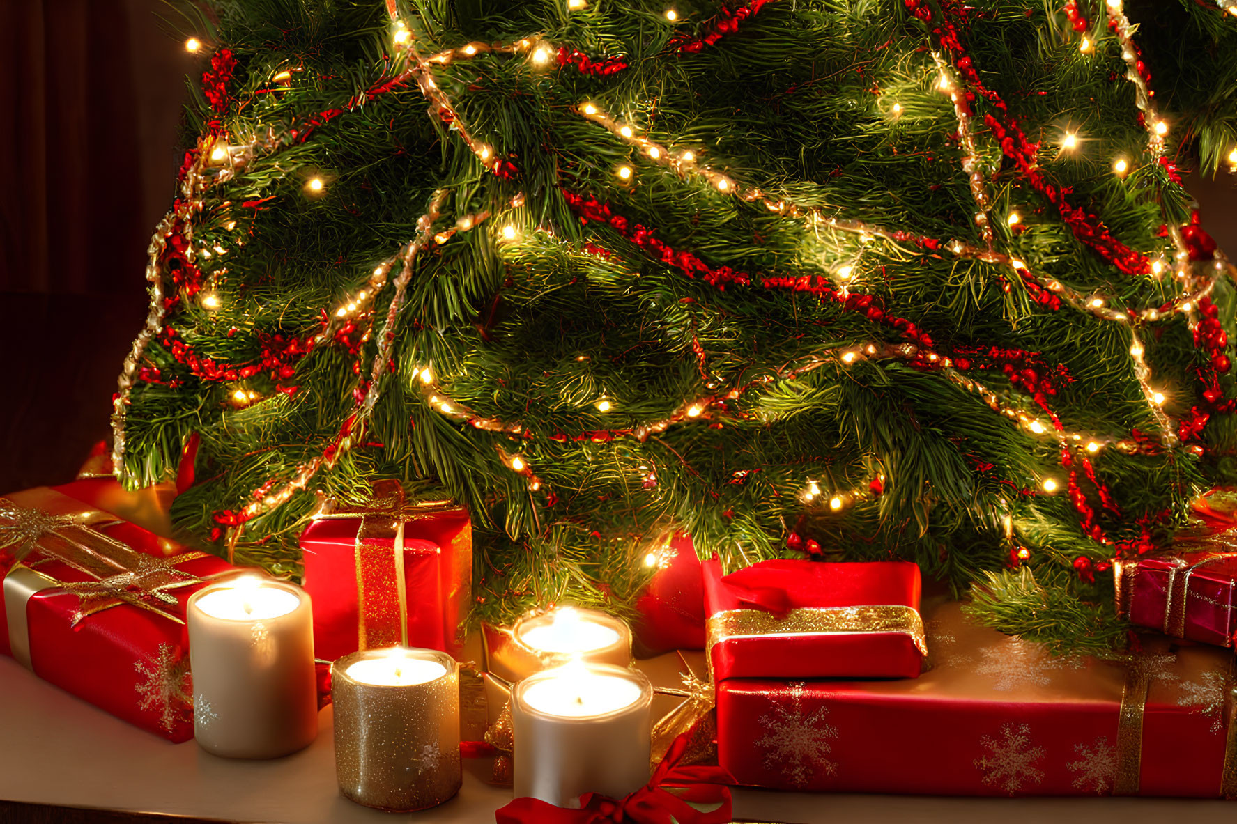Festive Christmas scene with tree, lights, gifts, and candles