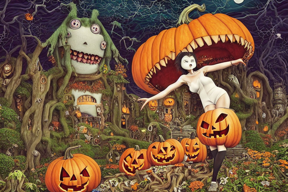 Whimsical Halloween scene with white makeup character, carved pumpkins, giant pumpkin house, and gr