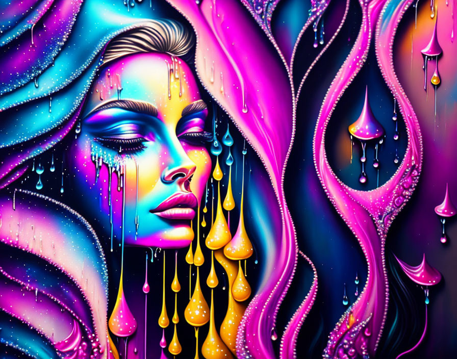 Colorful digital artwork: Woman's face with flowing hair and melting features in purples, blues