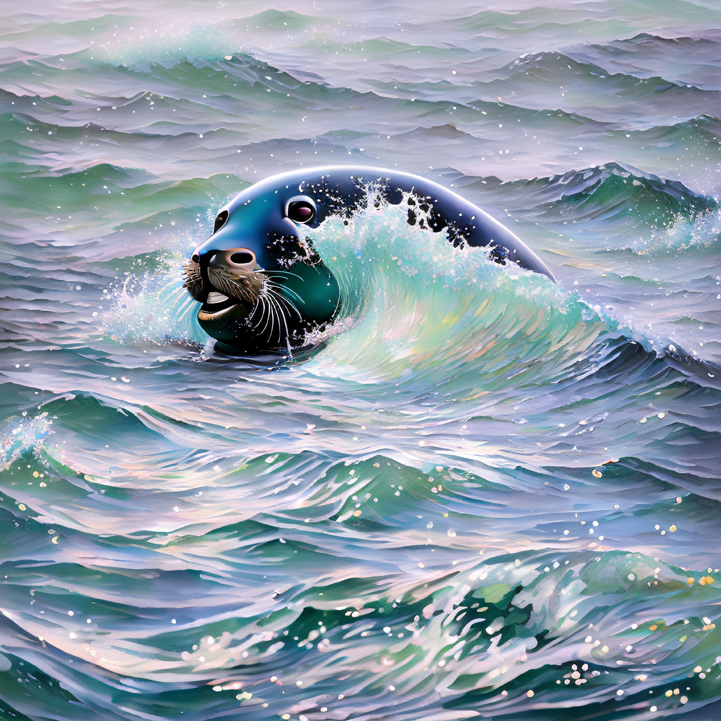 Seal emerging from wave with whiskered face, playful motion in water