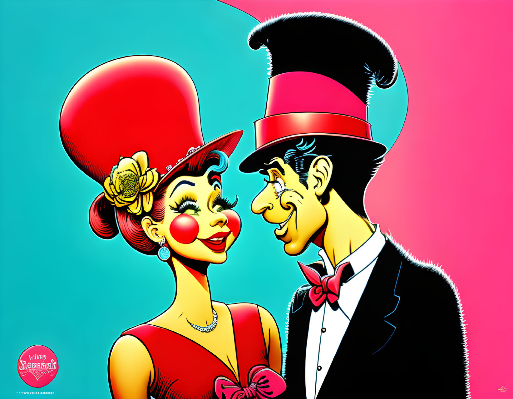 Vintage animated couple in elegant attire with oversized red top hats on split pink and turquoise background