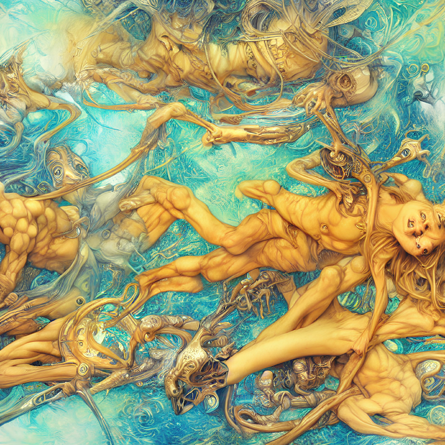 Surreal Artwork: Intertwined Human and Mechanical Figures in Golden and Blue Palette