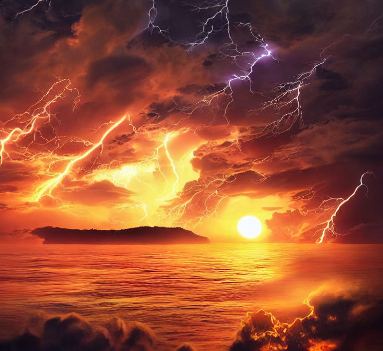 Dramatic sunset with lightning strikes over dark island silhouette