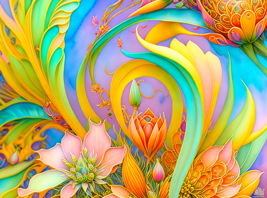 Colorful Floral and Botanical Digital Art on Blue Background