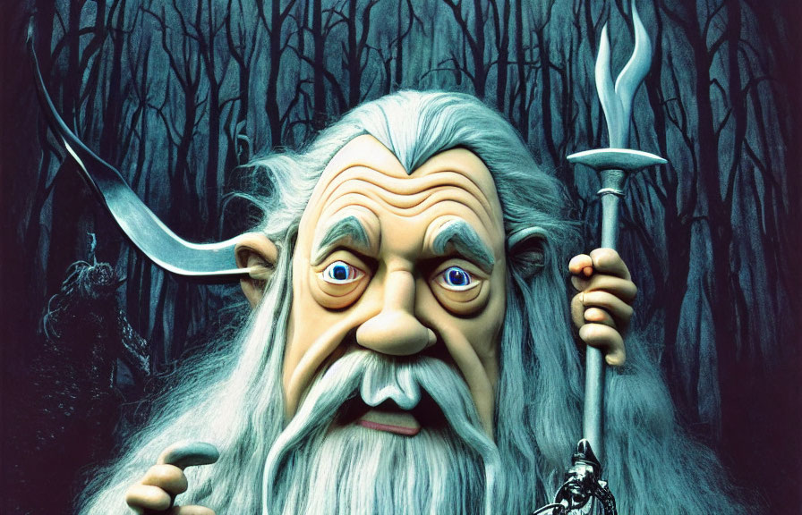 Elderly wizard with white beard and staff in front of dark forest