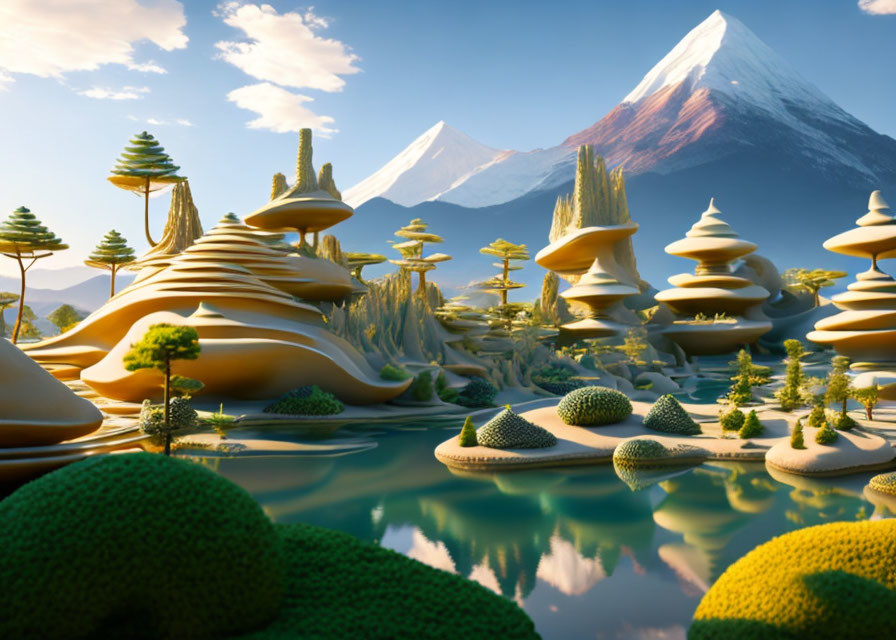 Tranquil fantasy landscape with terraced vegetation, reflecting trees, and snow-capped mountains