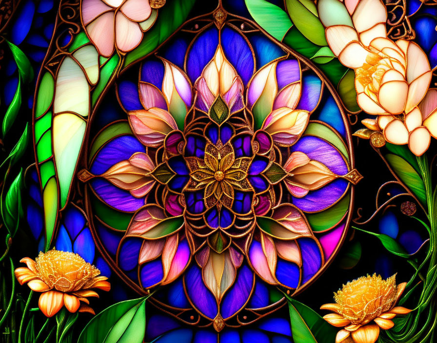 Symmetrical floral pattern in vibrant stained glass art