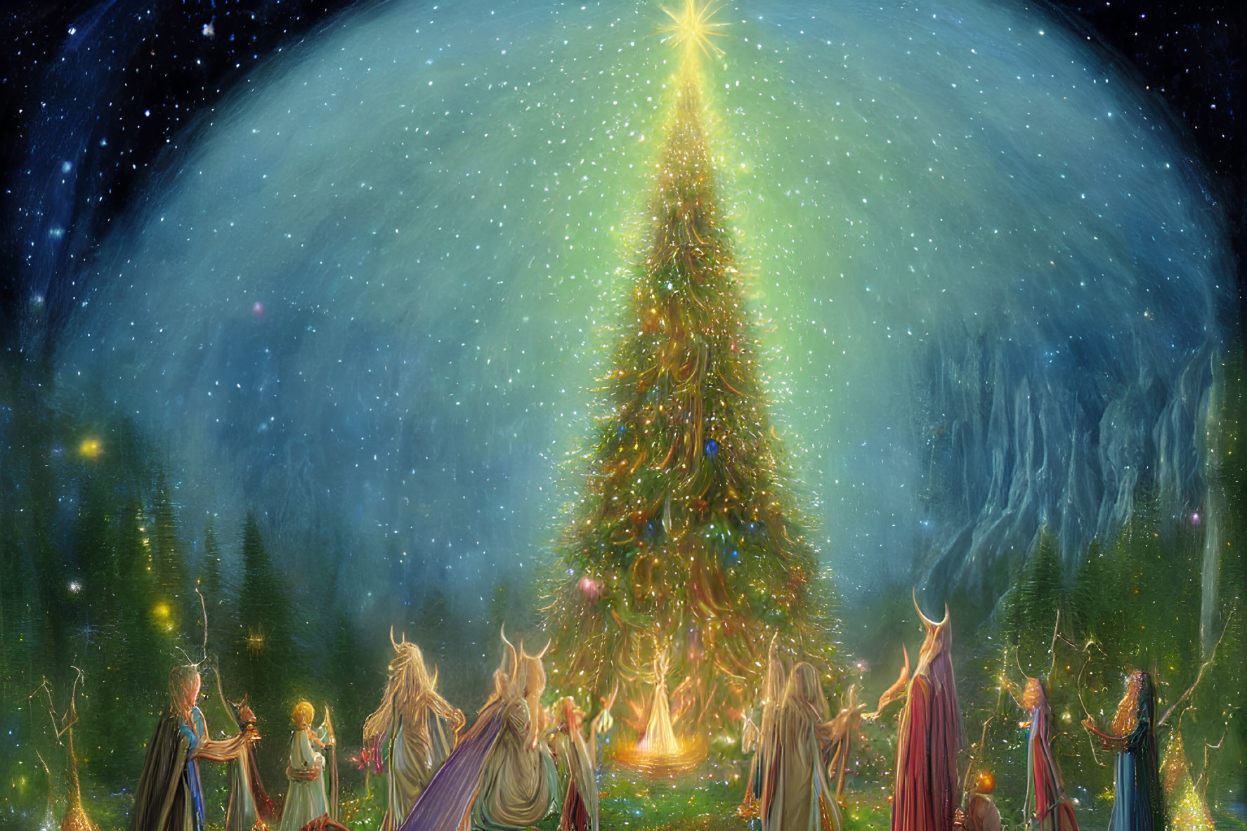 Illustration of robed figures around illuminated Christmas tree under starry sky