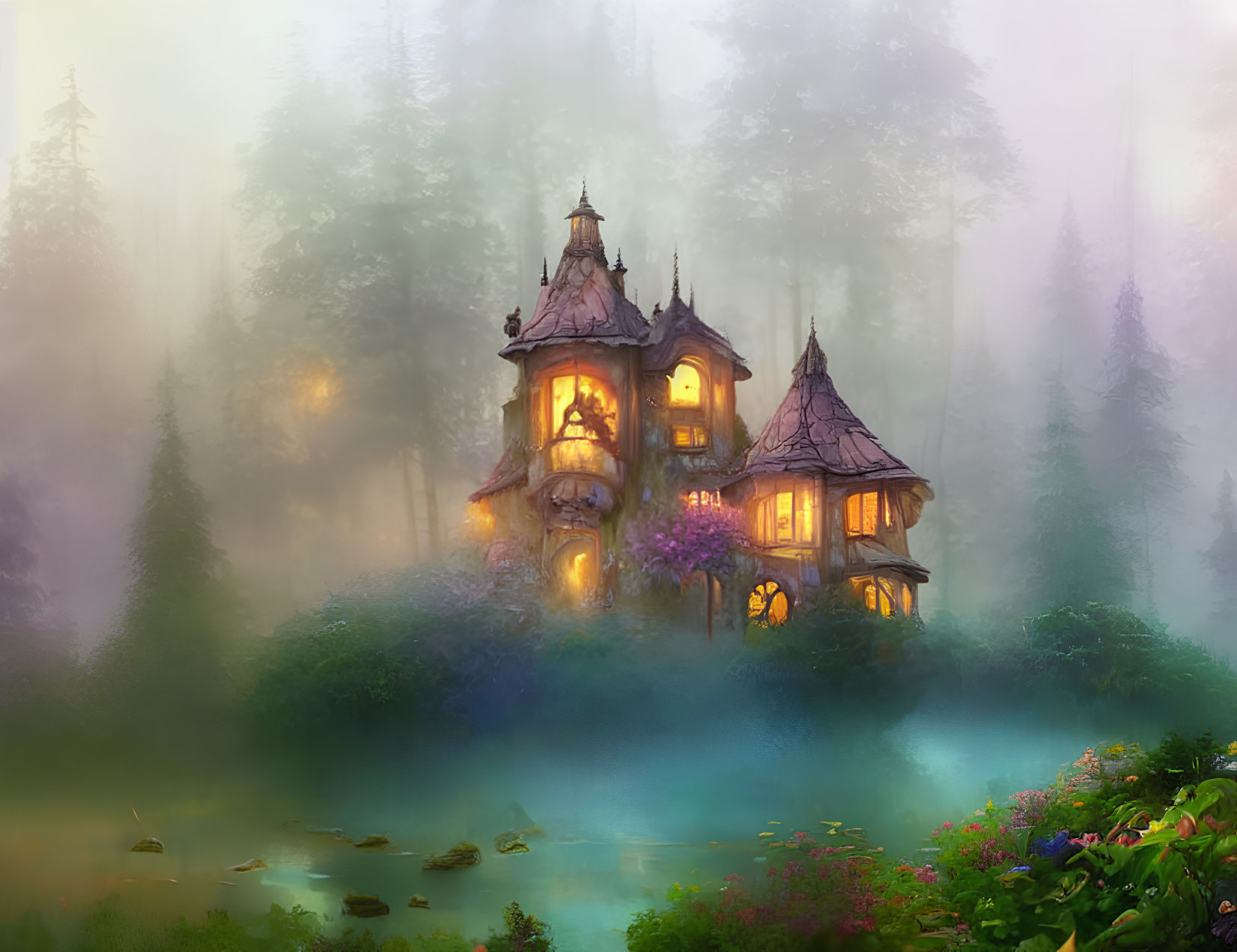 Enchanting fairytale cottage in misty forest by serene pond