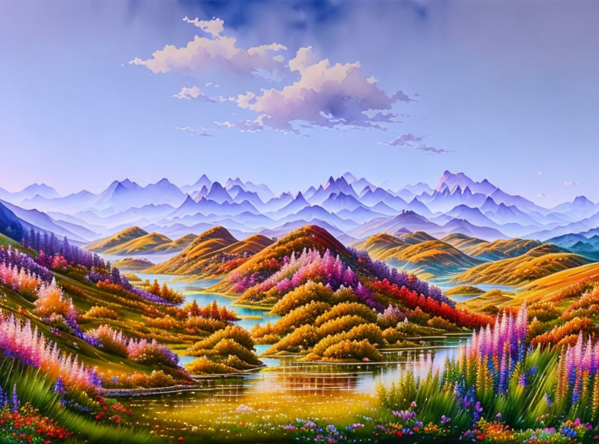 Colorful Landscape Painting with Rolling Hills, Flora, Lake, and Mountains