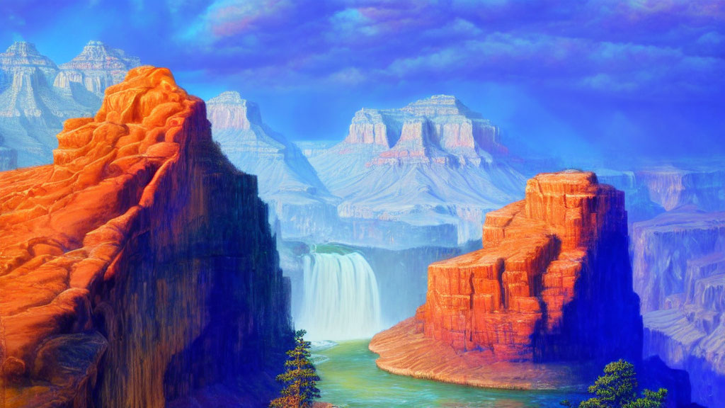 Scenic landscape: waterfall, red rocks, purple sky