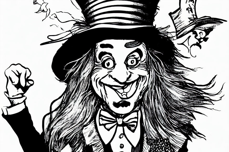 Whimsical character with wide grin, top hat, bow tie, and bat in black and white