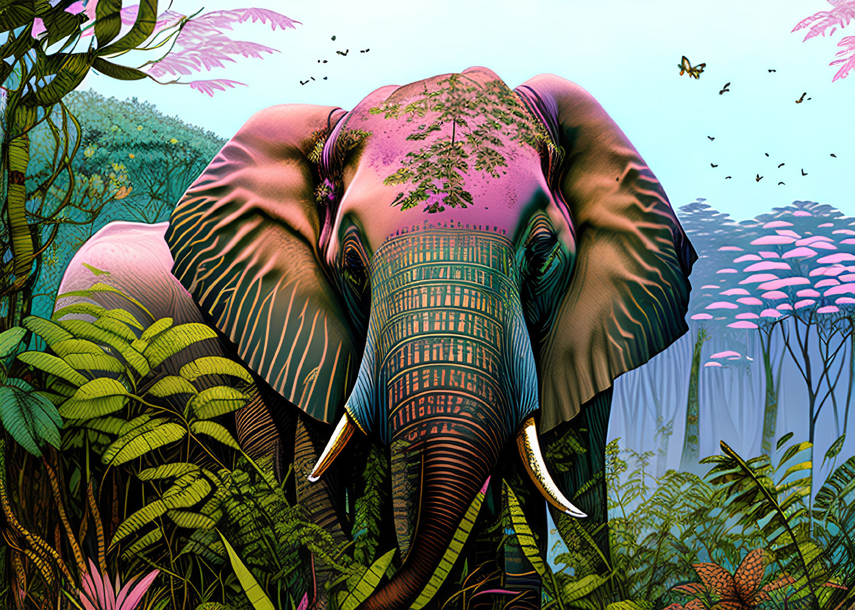Colorful Elephant Artwork in Lush Jungle with Waterfalls