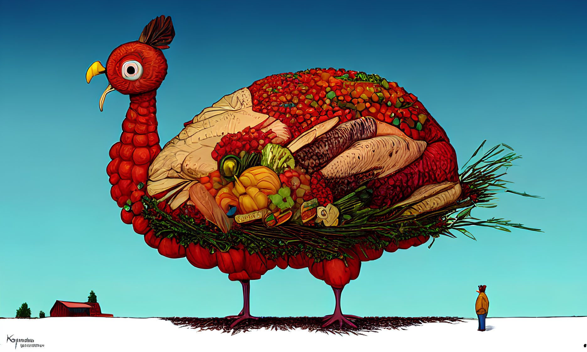 Giant Turkey Made of Foods with Figure and Farmhouse Background
