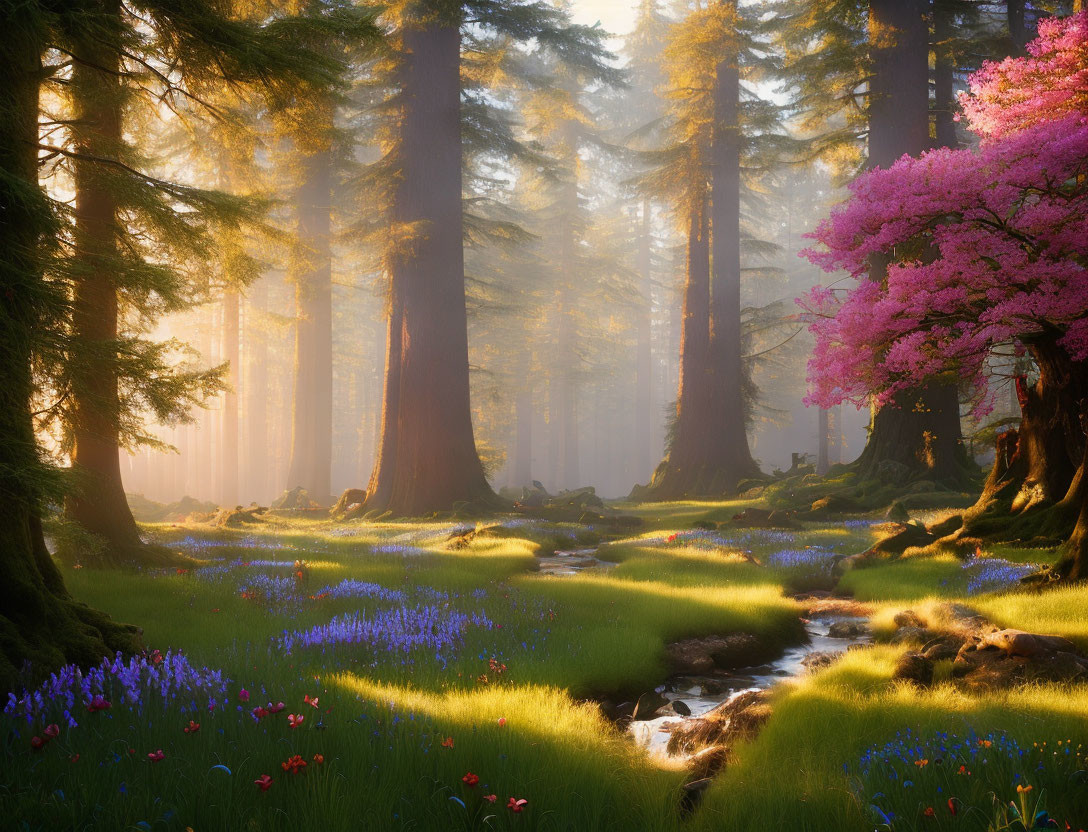 Forest scene with pink tree and stream under sunlight