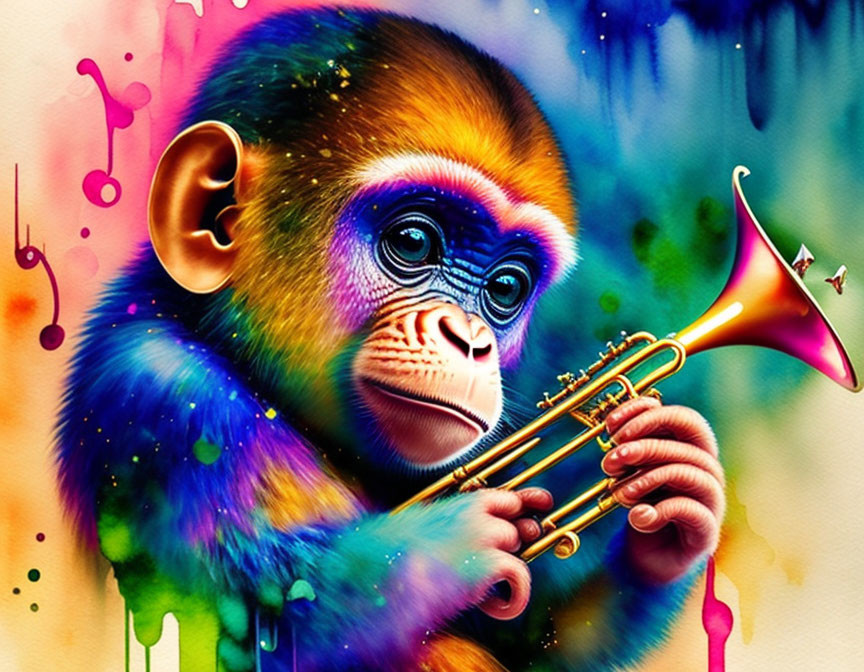 Colorful Monkey Playing Trumpet in Abstract Background