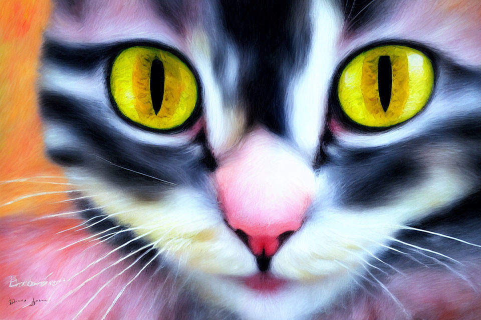 Detailed digital painting of a cat with yellow eyes and black/white fur