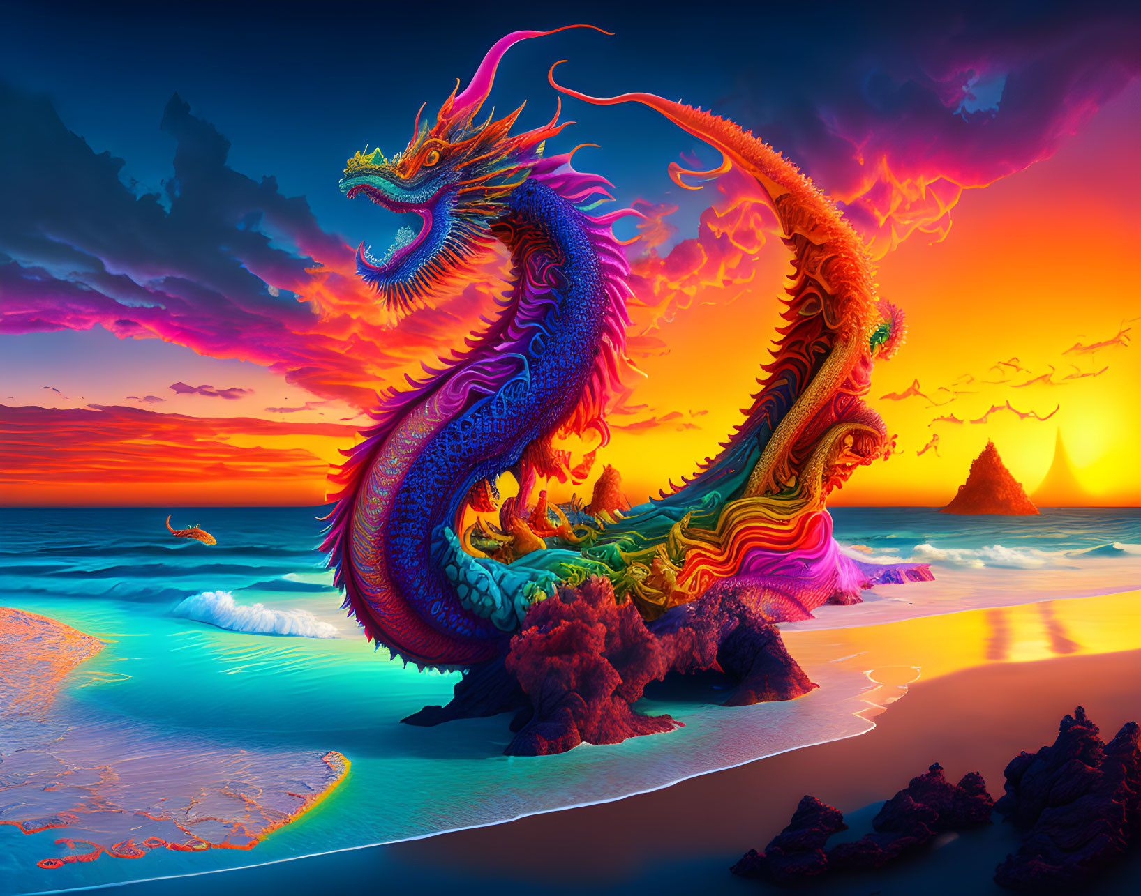 Mythical Dragon Artwork Against Dramatic Sunset Sky