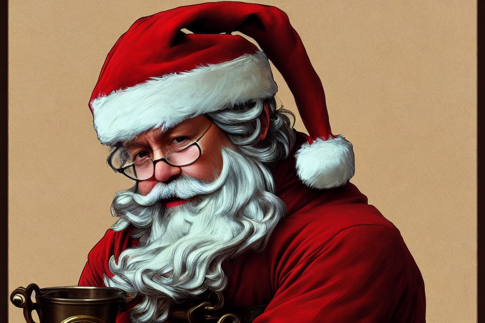 Santa Claus with white beard and red hat holding golden bell