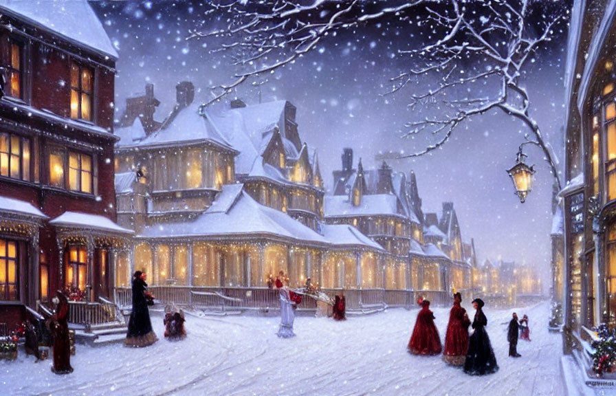 Victorian-style houses on snowy street at night with people in period clothing and glowing street lamps.