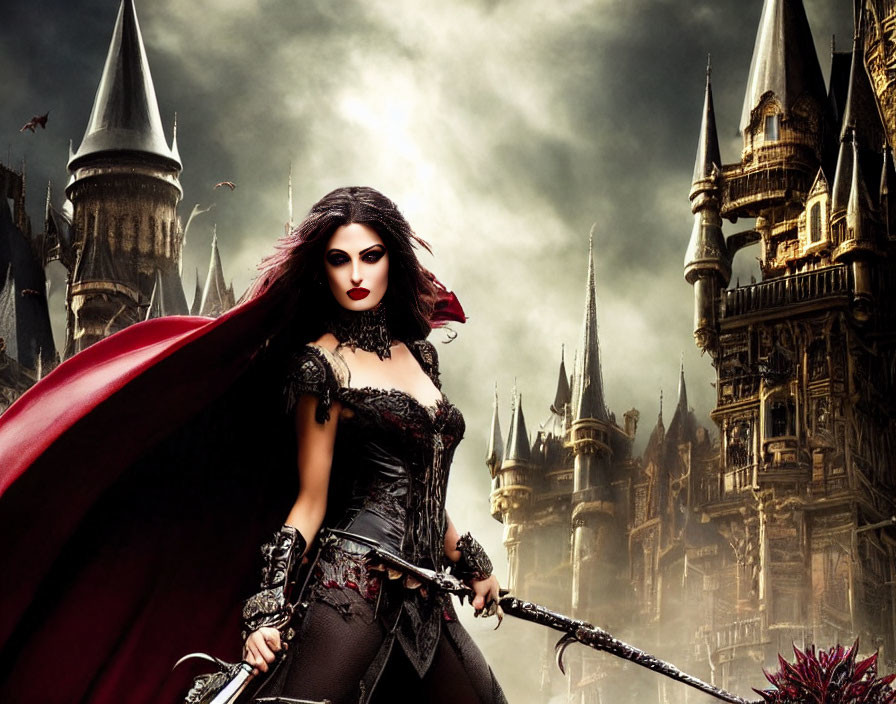 Gothic woman in dark costume with red cape and spear by castle