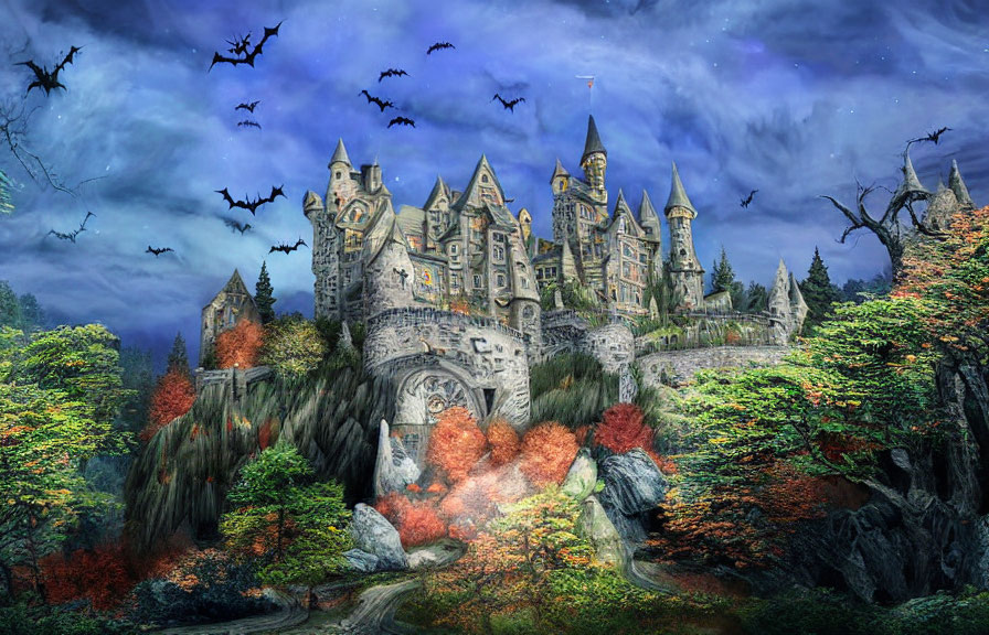 Mystical castle in autumn forest under twilight sky with bats.