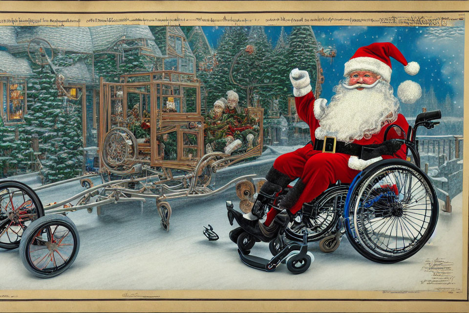 Santa Claus in wheelchair with prosthetic leg, reindeer in wheelchair, and elf with crutches beside