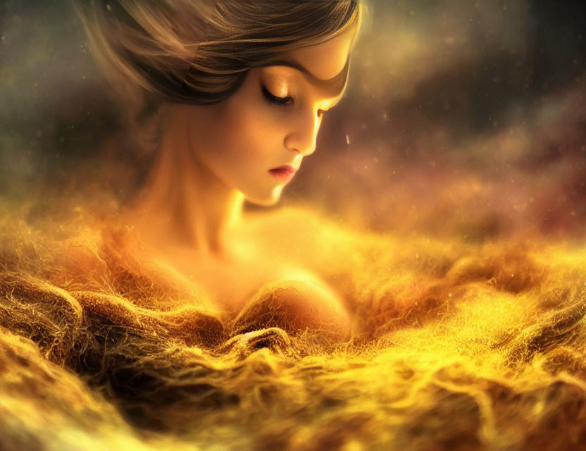 Woman with closed eyes in golden fluffy texture under warm soft glow