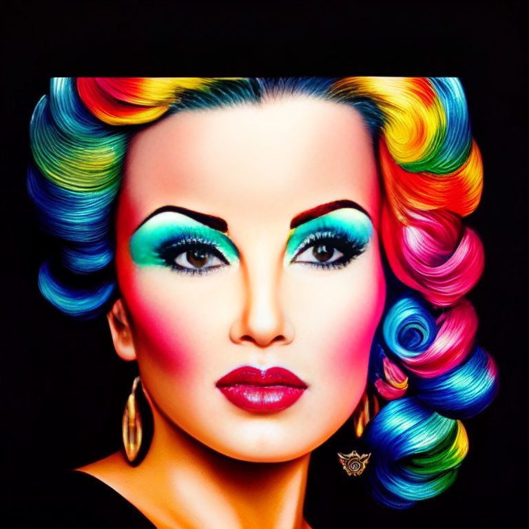Vibrant rainbow hair and dramatic makeup portrait.